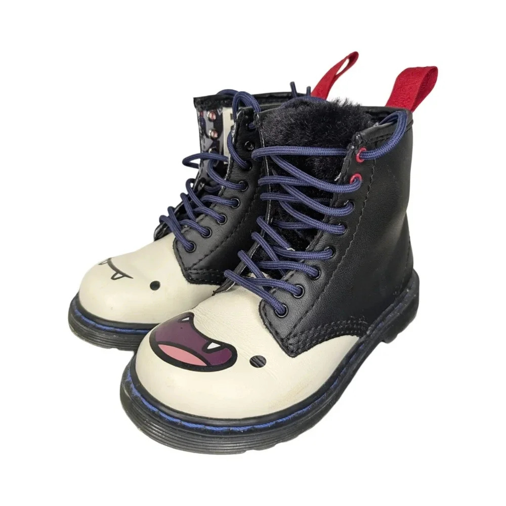 Dr. Martens Kids Black Cream Boots with Red Pull Tabs and Purple Laces